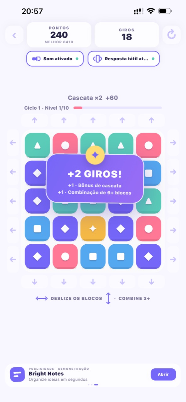 Partida de Spingrade com tabuleiro de blocos